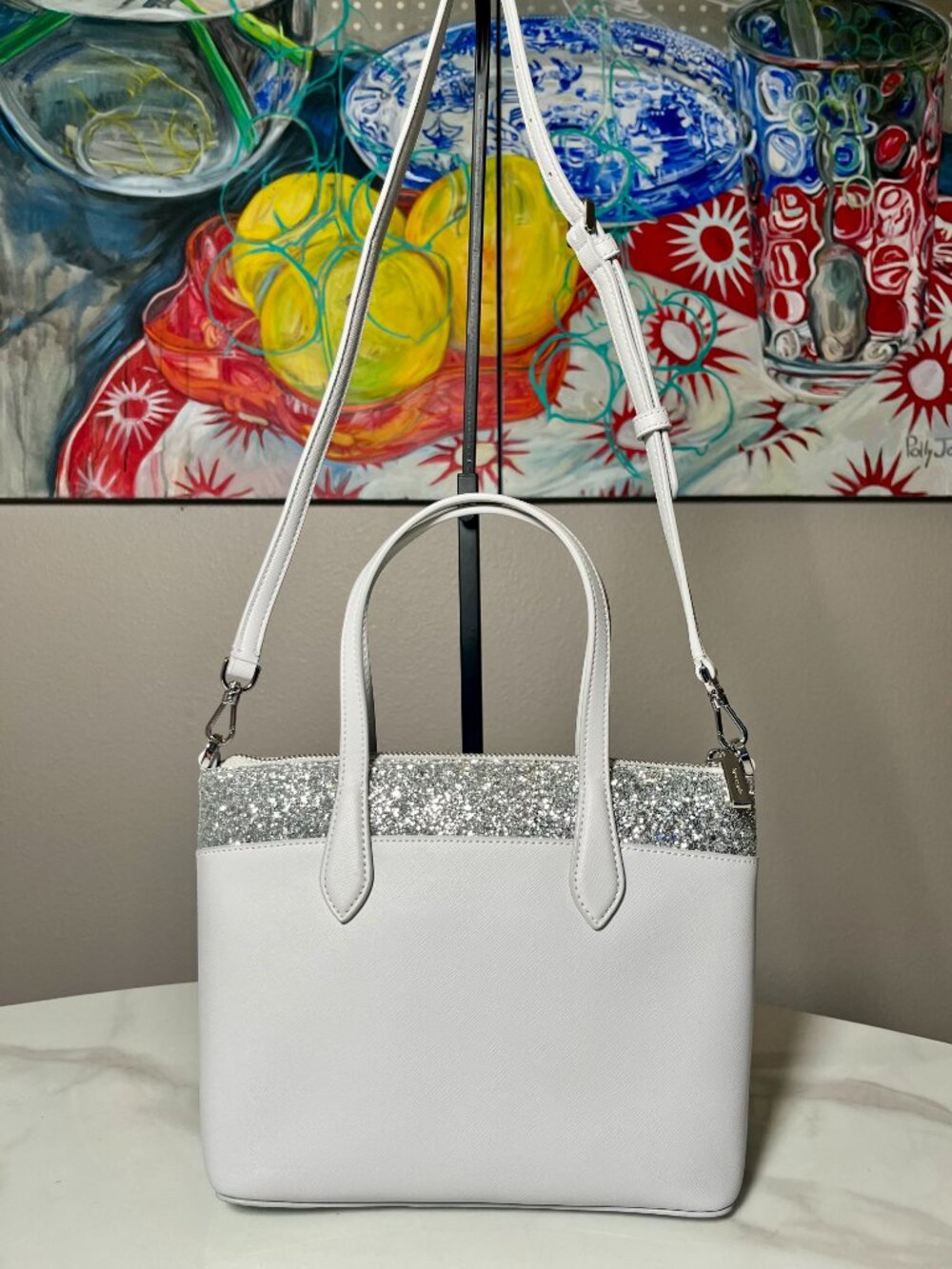 Kate Spade Flash Glitter Satchel Light Grey Silver Crossbody Satchel NWOT - Picture 2 of 16